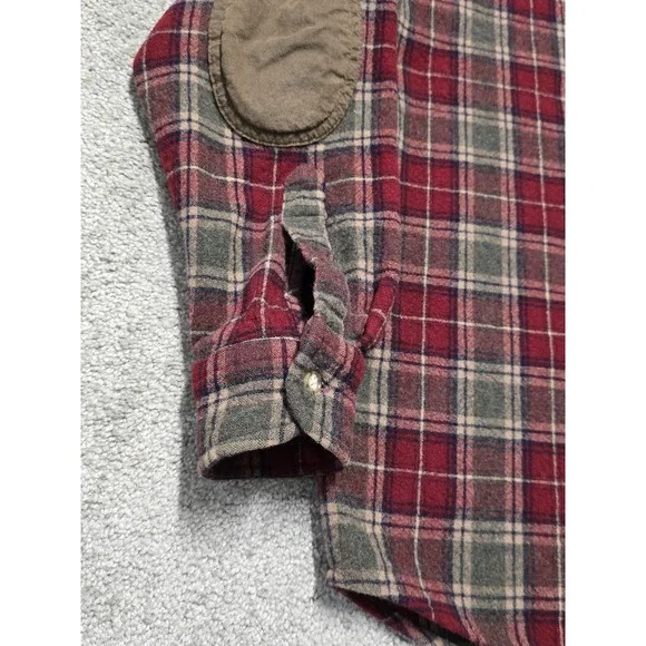 Pendleton Red Green Brown Plaid Virgin Wool Flannel Shirt Elbow Patch Mens M - Picture 10 of 16